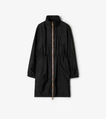 Long Checker-tape Nylon Parka in Black