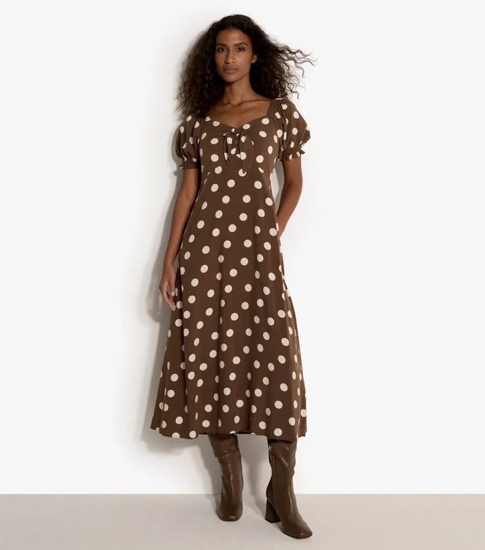 Women's Brown Polka Dot Puff Sleeve Midi Dress