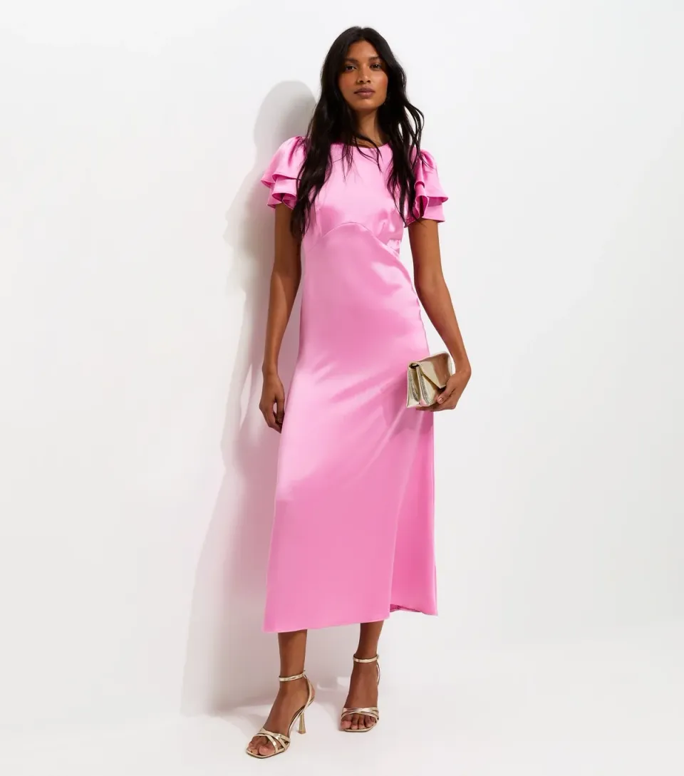 Women's Bright Pink Satin Flutter Sleeve Midi Dress