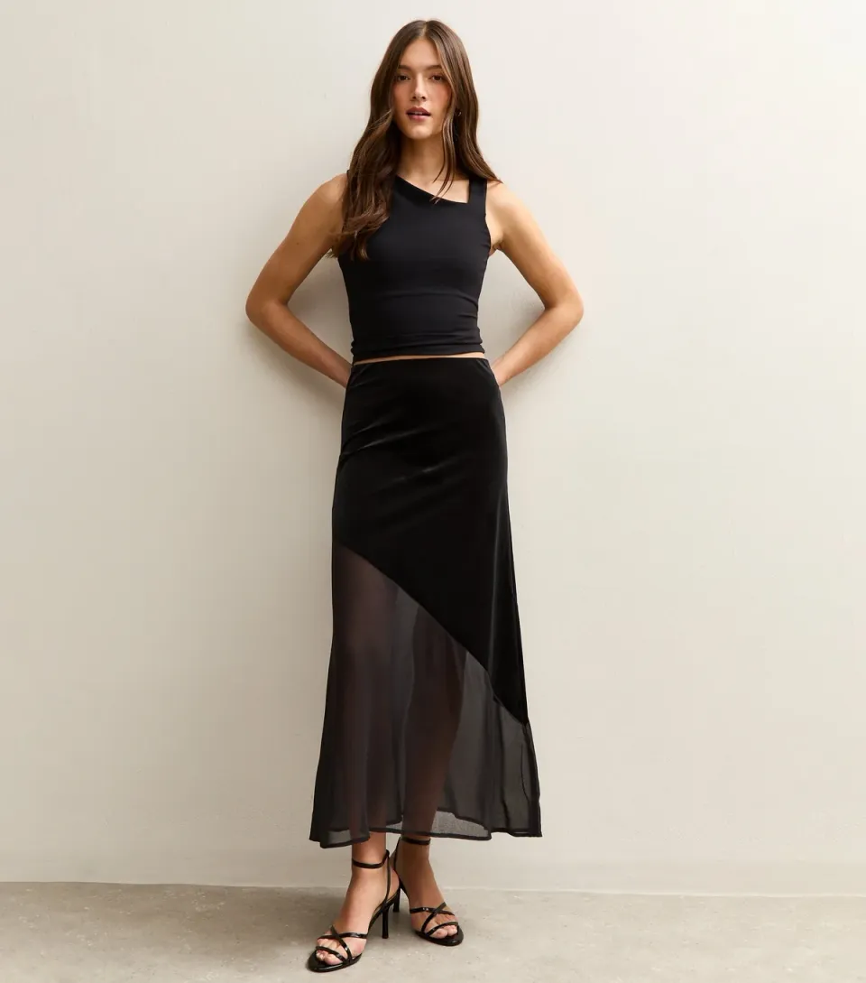 Women's Black Chiffon and Velvet Midi Skirt