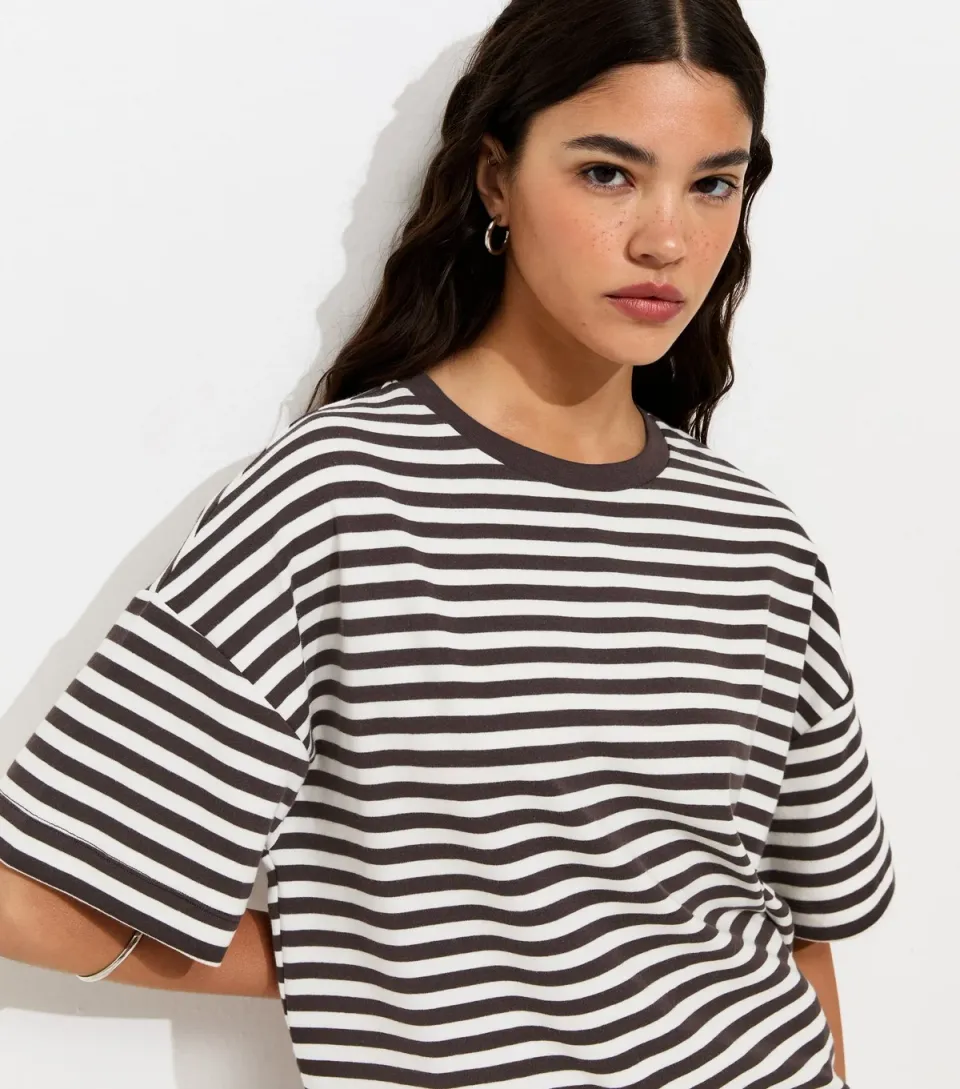 Women's Brown Cotton Rich Striped Oversized Boxy T-Shirt