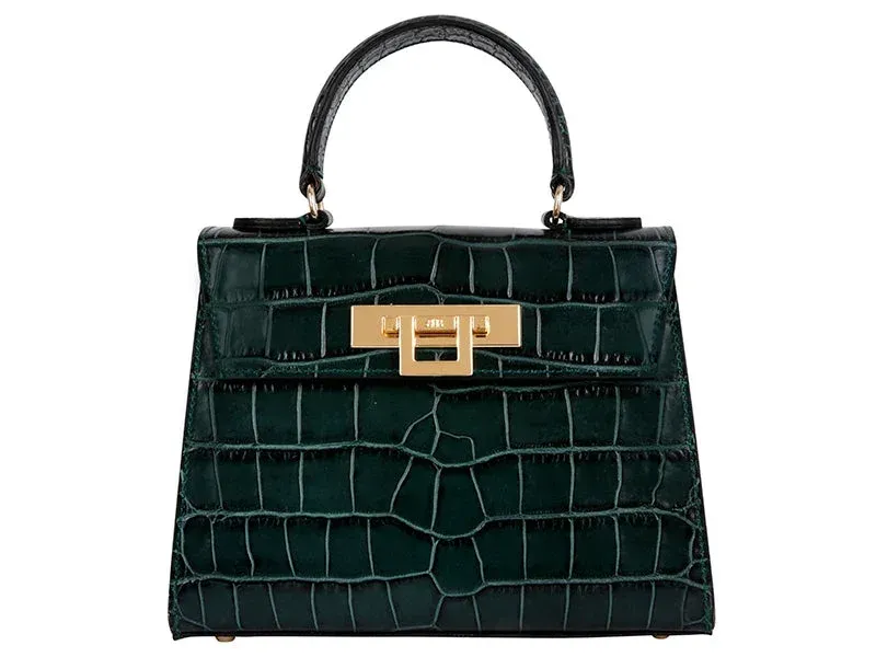 Fonteyn Midi Orinoco 'Croc' Print Calf Leather Handbag - Dark Green 2