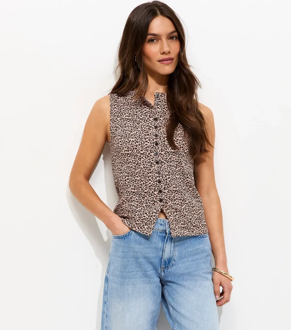 Women's Petite Brown Leopard Print Button Through Top