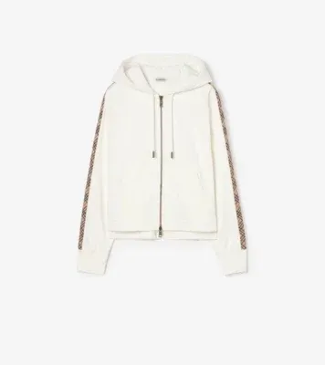 Check Trim Cotton Zip Hoodie in Chalk white