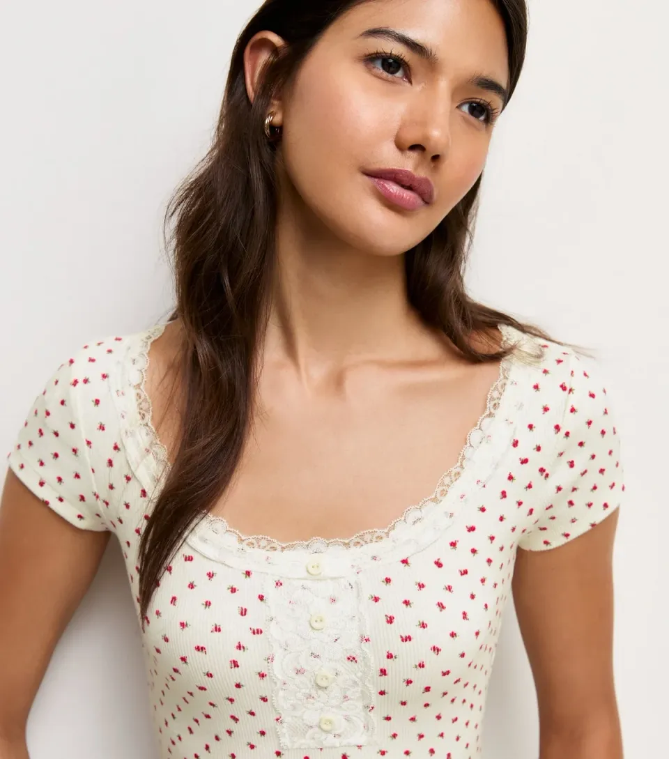 Women's Cream Cotton Rich Ditsy Print Ribbed Lace Trim Henley Top