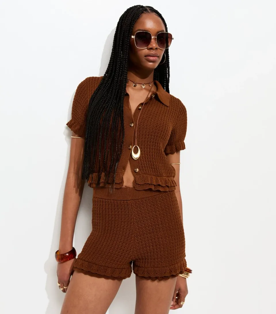 Women's Brown Frilly Trim Knitted Shorts