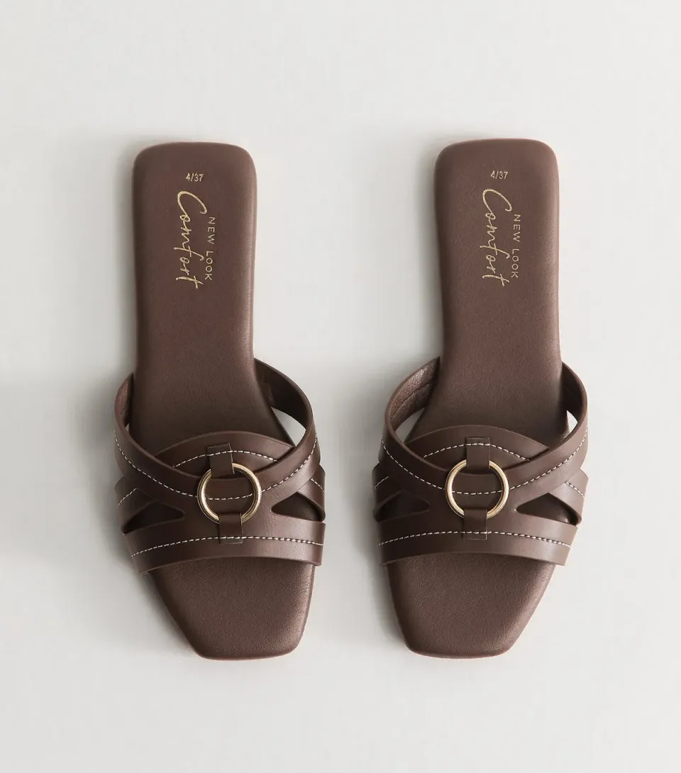 Women's Brown Faux Leather Contrast Stitch Hardware Detail Flat Sandals Vegan