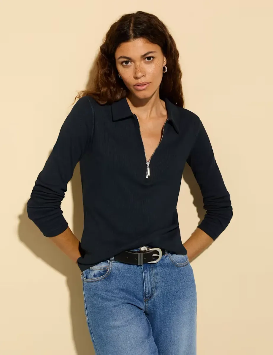 Pure Cotton Half Zip Top Navy