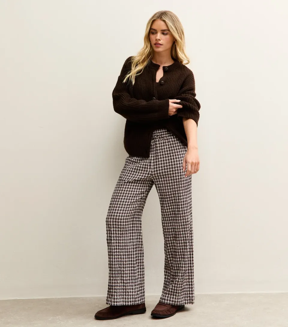 Women's Petite Cream Checked Wide Leg Trouser