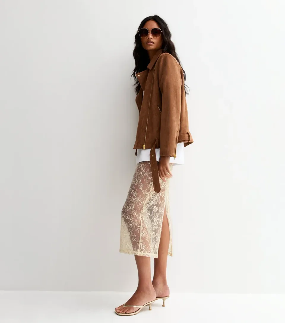 Women's Cream Sheer Sequinned Pencil Skirt