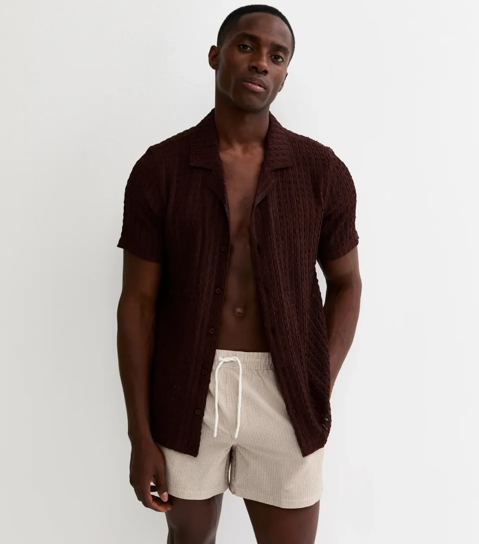 Men's Brown Striped Seersucker Drawstring Swim Shorts