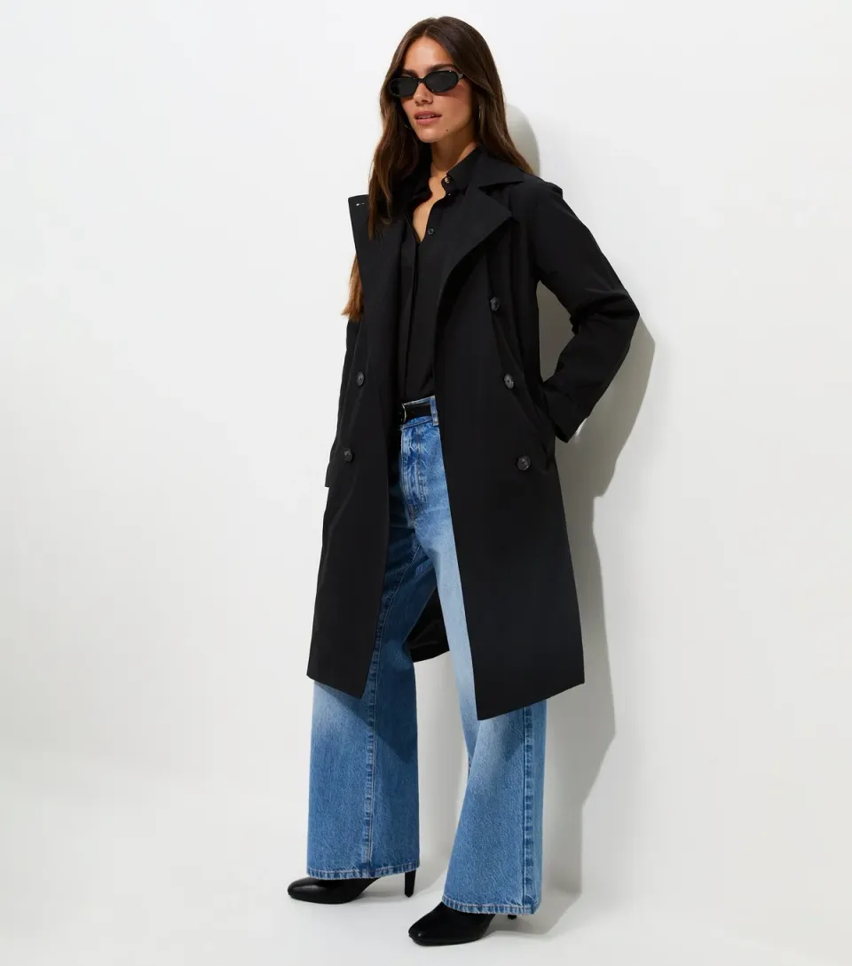 Women's Petite Black Double Breasted Trench Coat