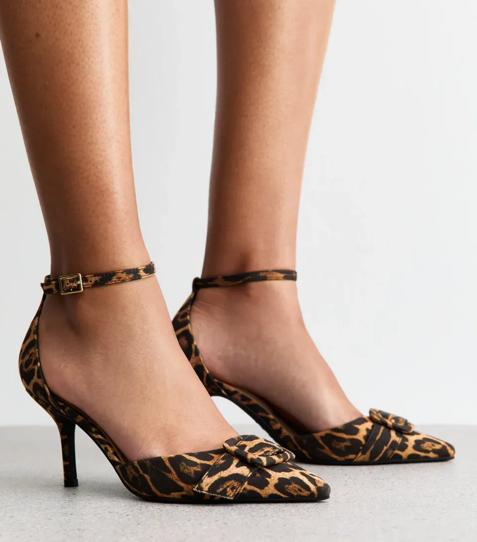 Women's Stone Leopard Print Buckle Front Stiletto Open Court Shoes Vegan