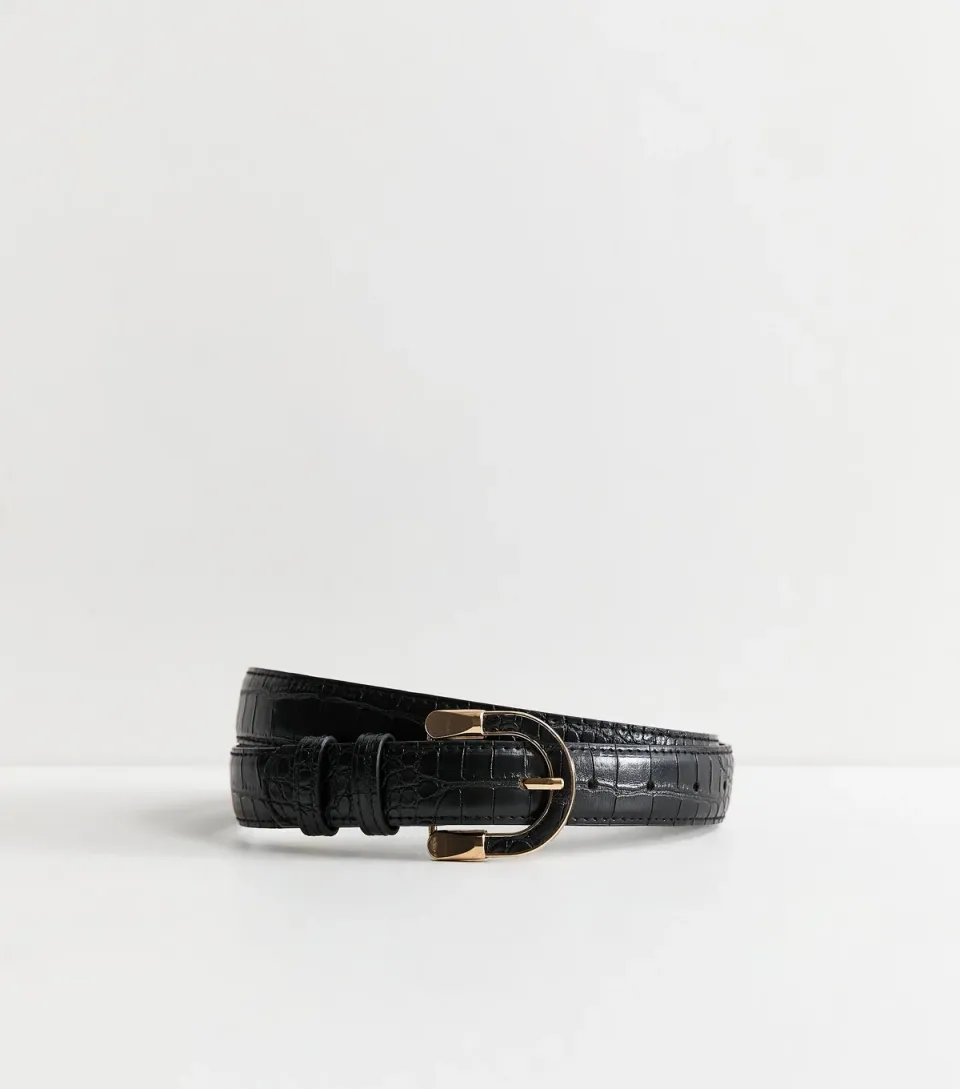 Black Faux Leather Crocodile Textured Resin Buckle Belt