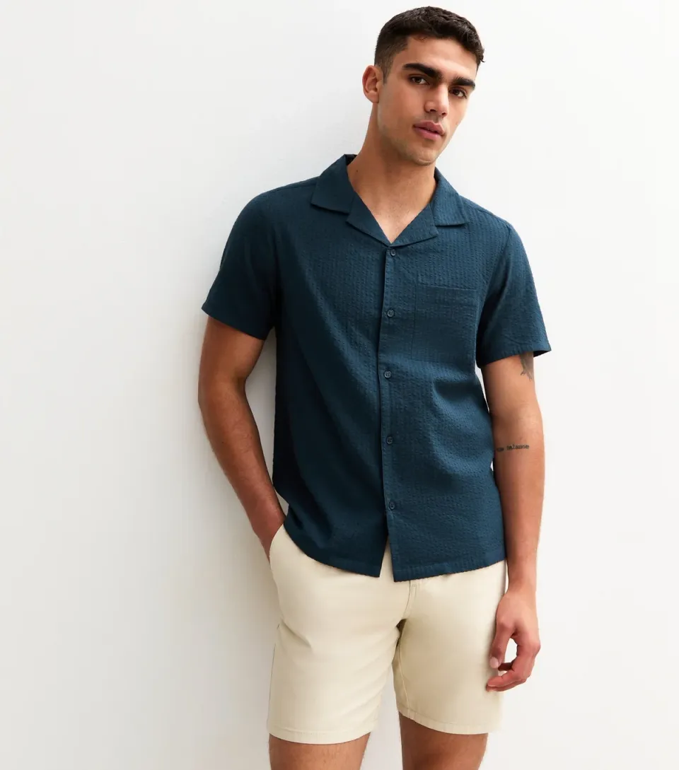 Men's Navy Relaxed Seersucker Short Sleeve Shirt