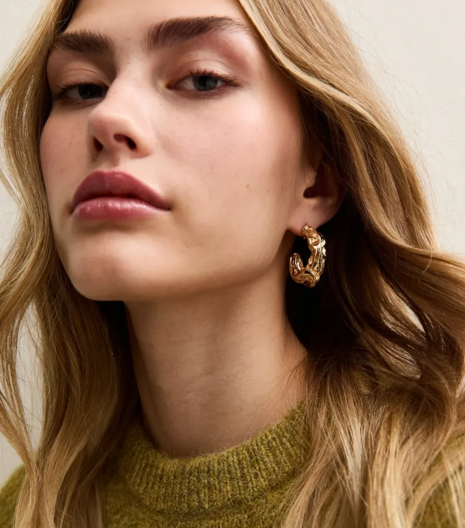 Gold Tone Chunky Beaten Hoop Earrings