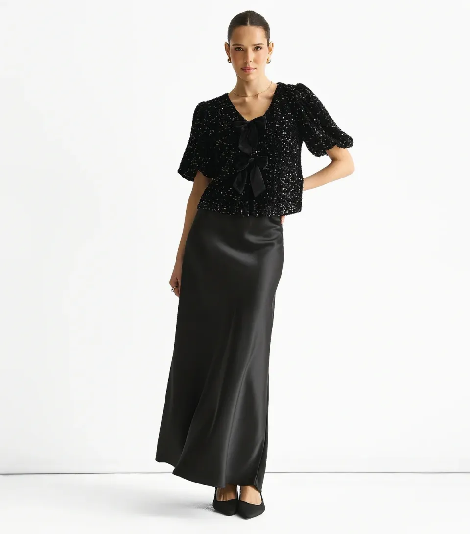 Women's Velvet Sequin Bow Front Top