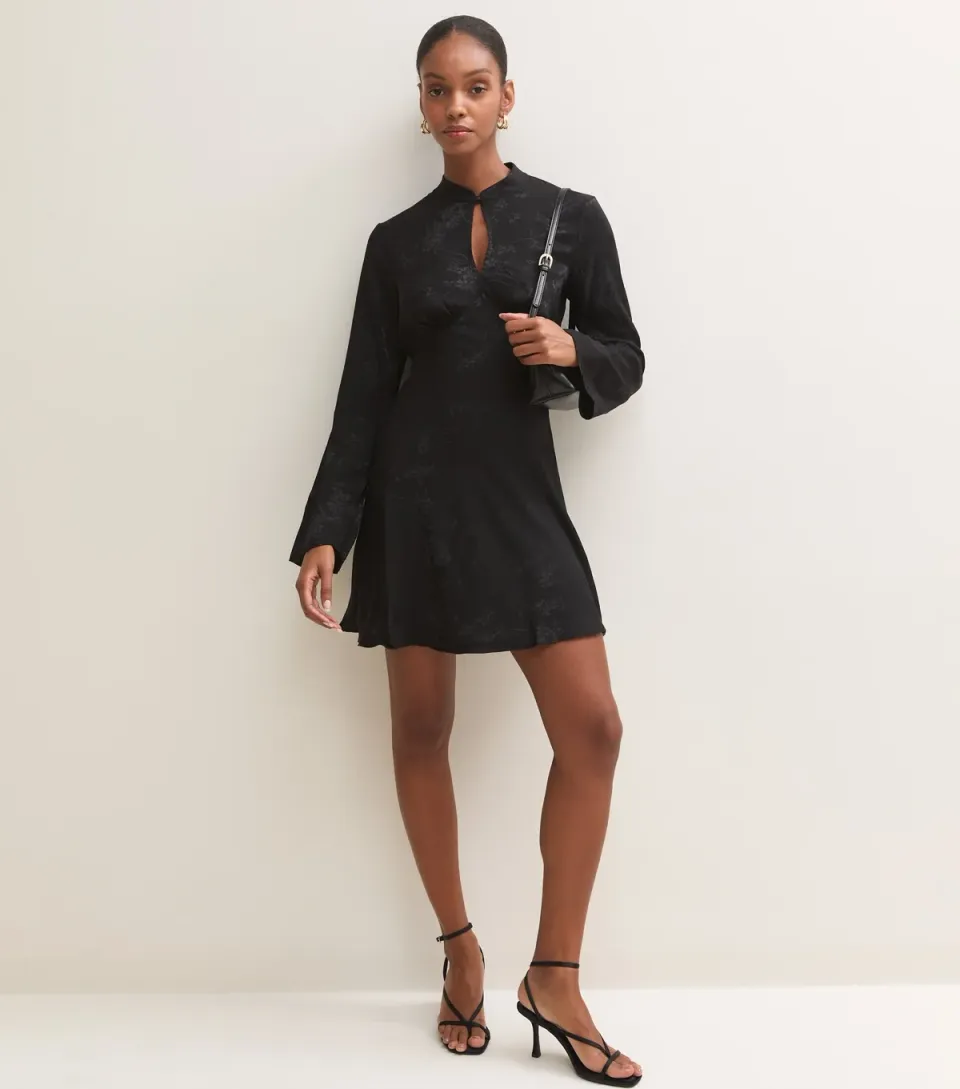Women's Black Floral Satin Keyhole Long Sleeve Mini Dress