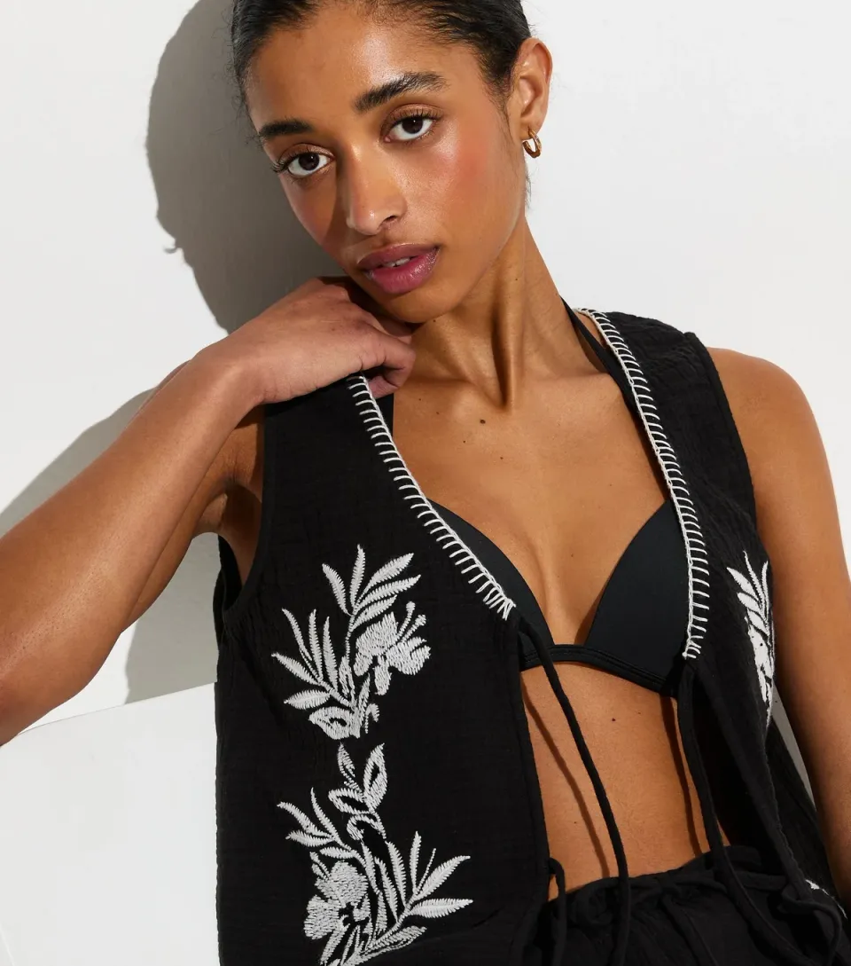 Women's Black Palm Embroidered Waistcoat