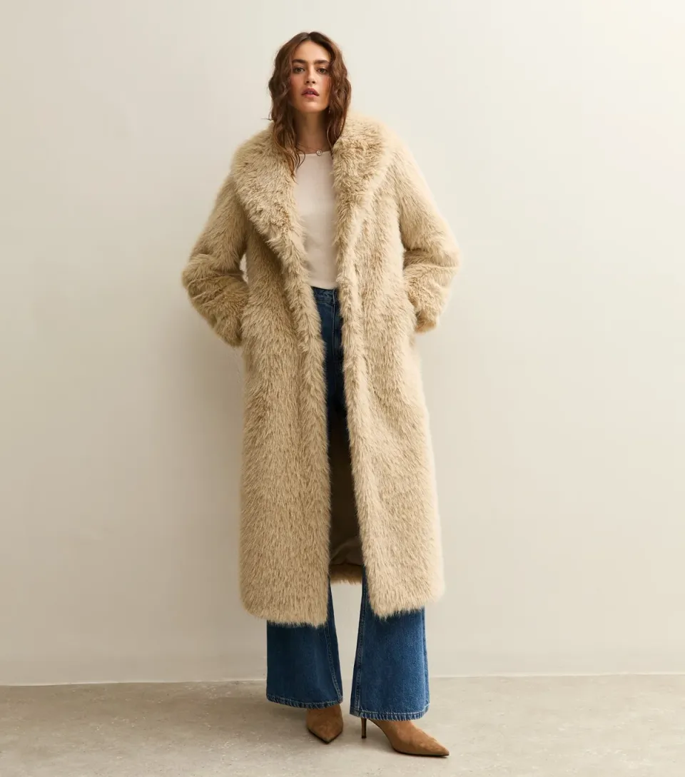 Women's Stone Faux Fur Longline Coat