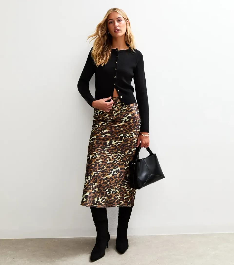 Women's Tall Brown Leopard Print Satin Midi Skirt