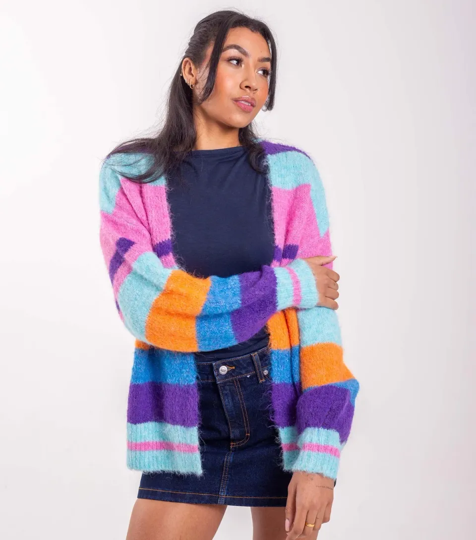 Women's Bright Blue Striped Longline Cardigan