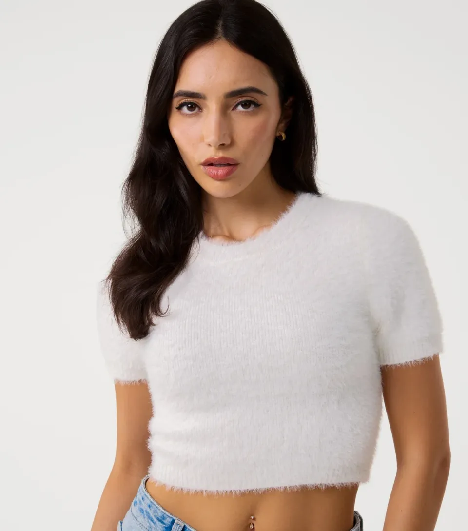 Women's Off White Short Sleeve Fluffy Jumper