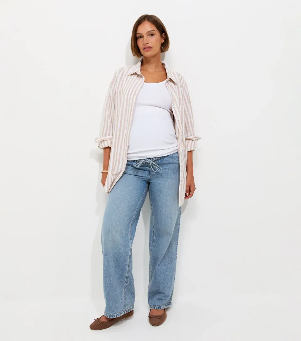 Women's Maternity Light Blue Wide Leg Drawstring Waist Jeans