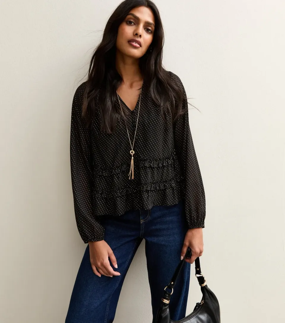 Women's Black Gold Pattern Long Sleeve Blouse