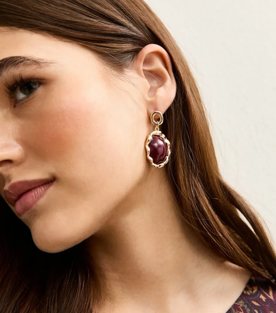 Gold Tone Burgundy Oval Enamel Drop Earrings