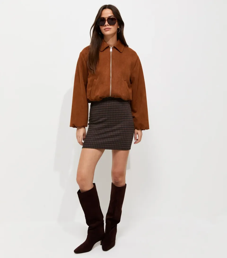 Women's Brown Jacquard Jersey Check Tube Mini Skirt
