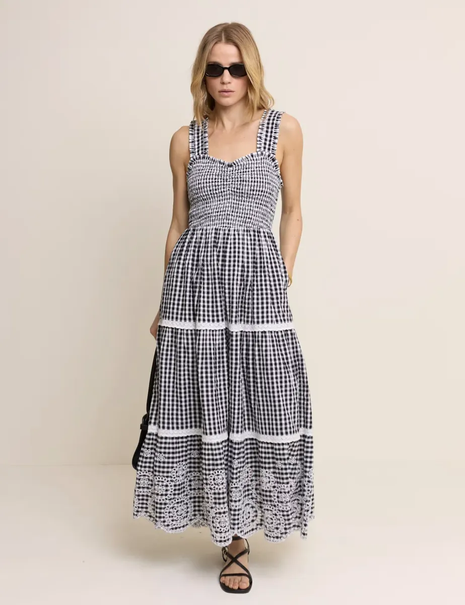 Pure Cotton Gingham Midi Tiered Dress Black Mix