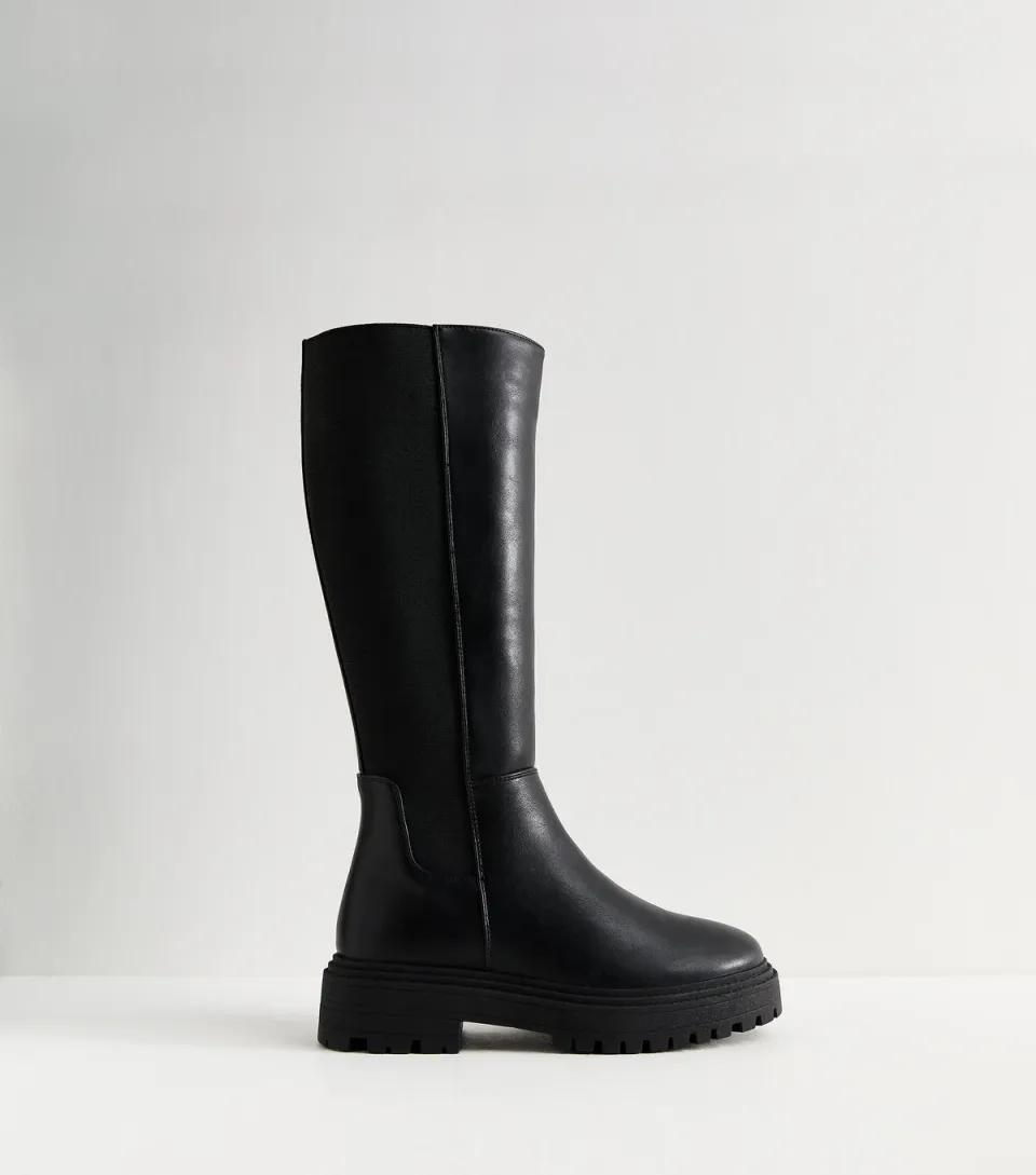 Women's Wide Fit Black Faux Leather Knee High Boots Vegan
