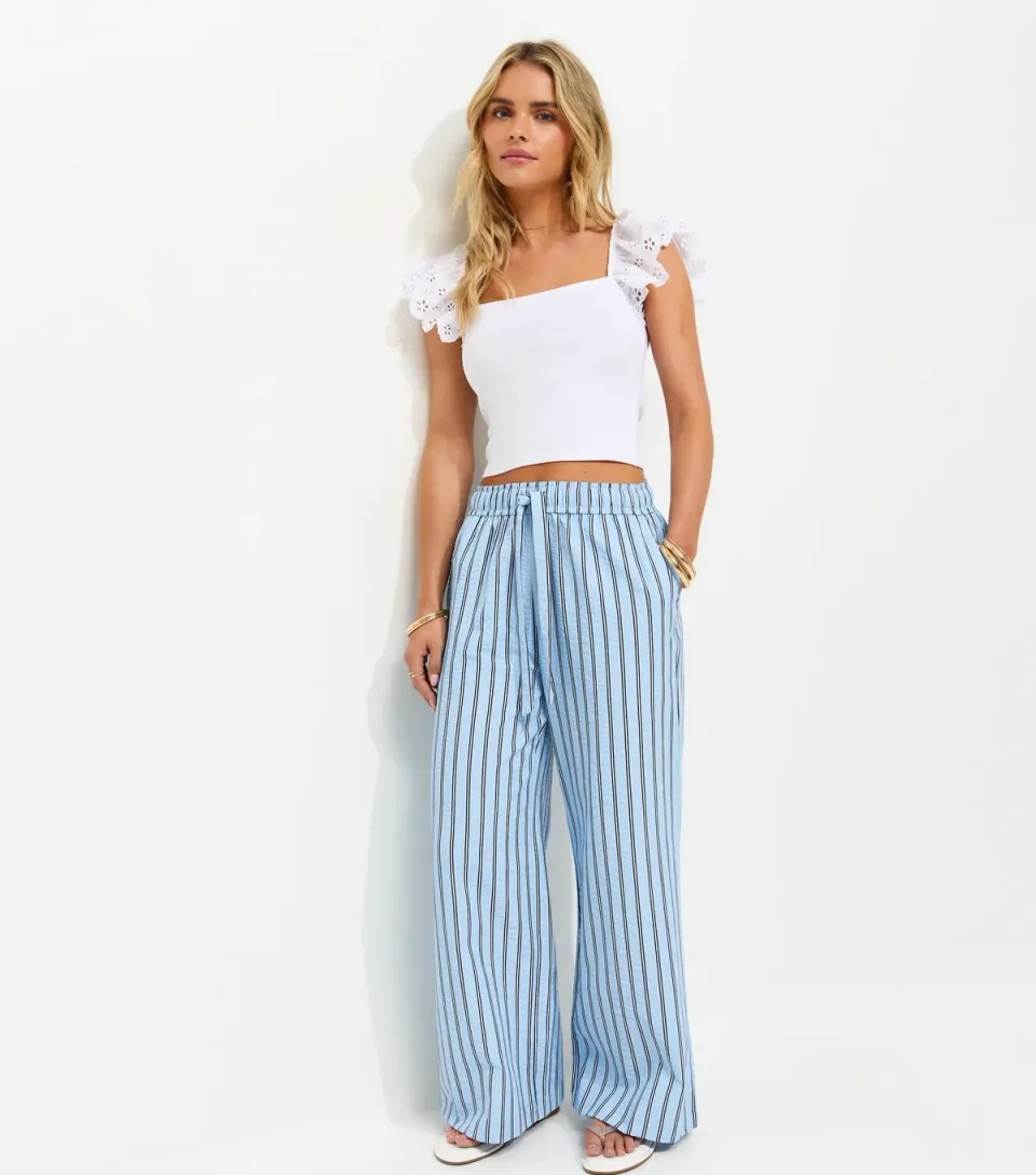 Women's Petite Blue Seersucker Wide Leg Trousers