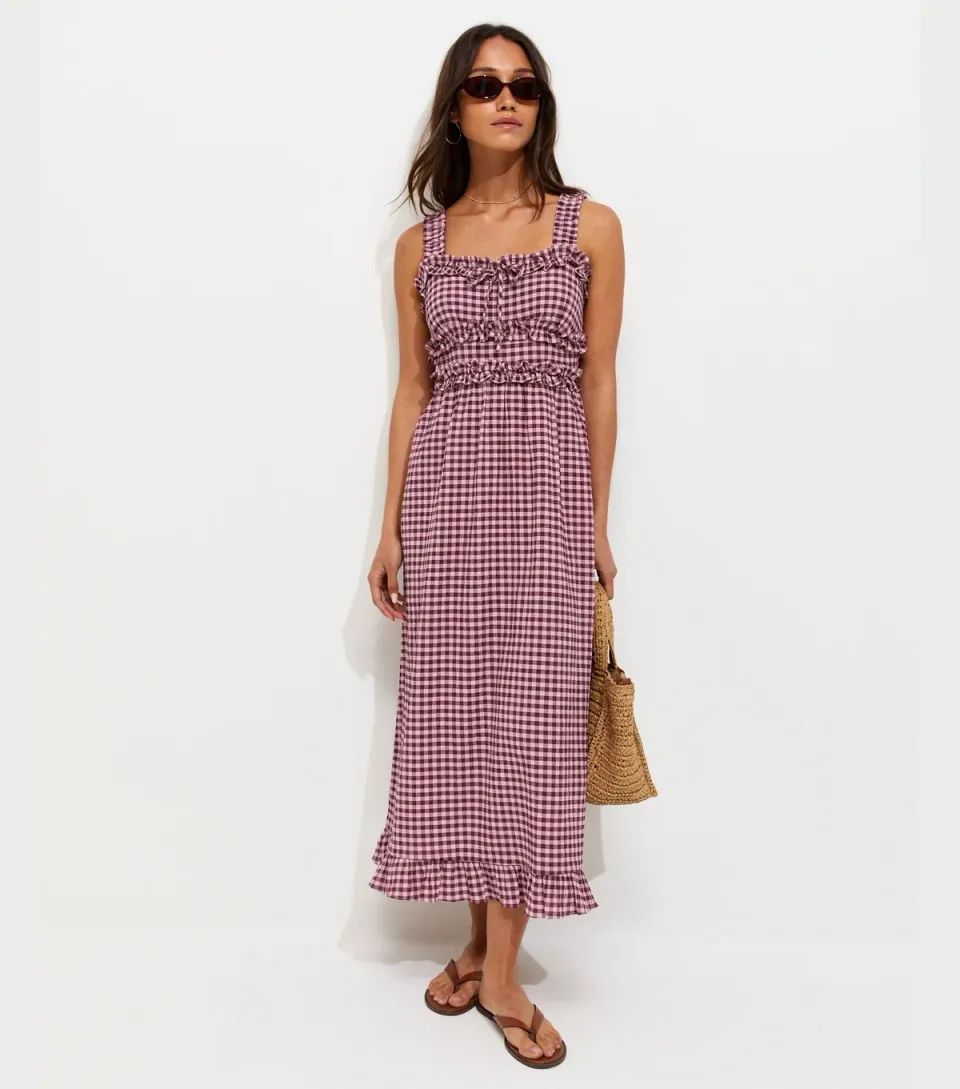 Women's Pink Crinkle Texture Frill Trim Gingham Midi Dress
