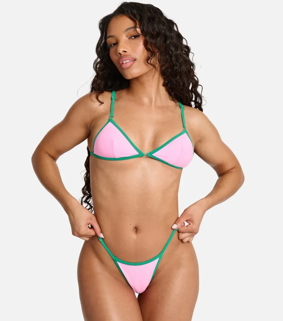 Women's Pink Contrast Trim Top and Bottoms Bikini Set
