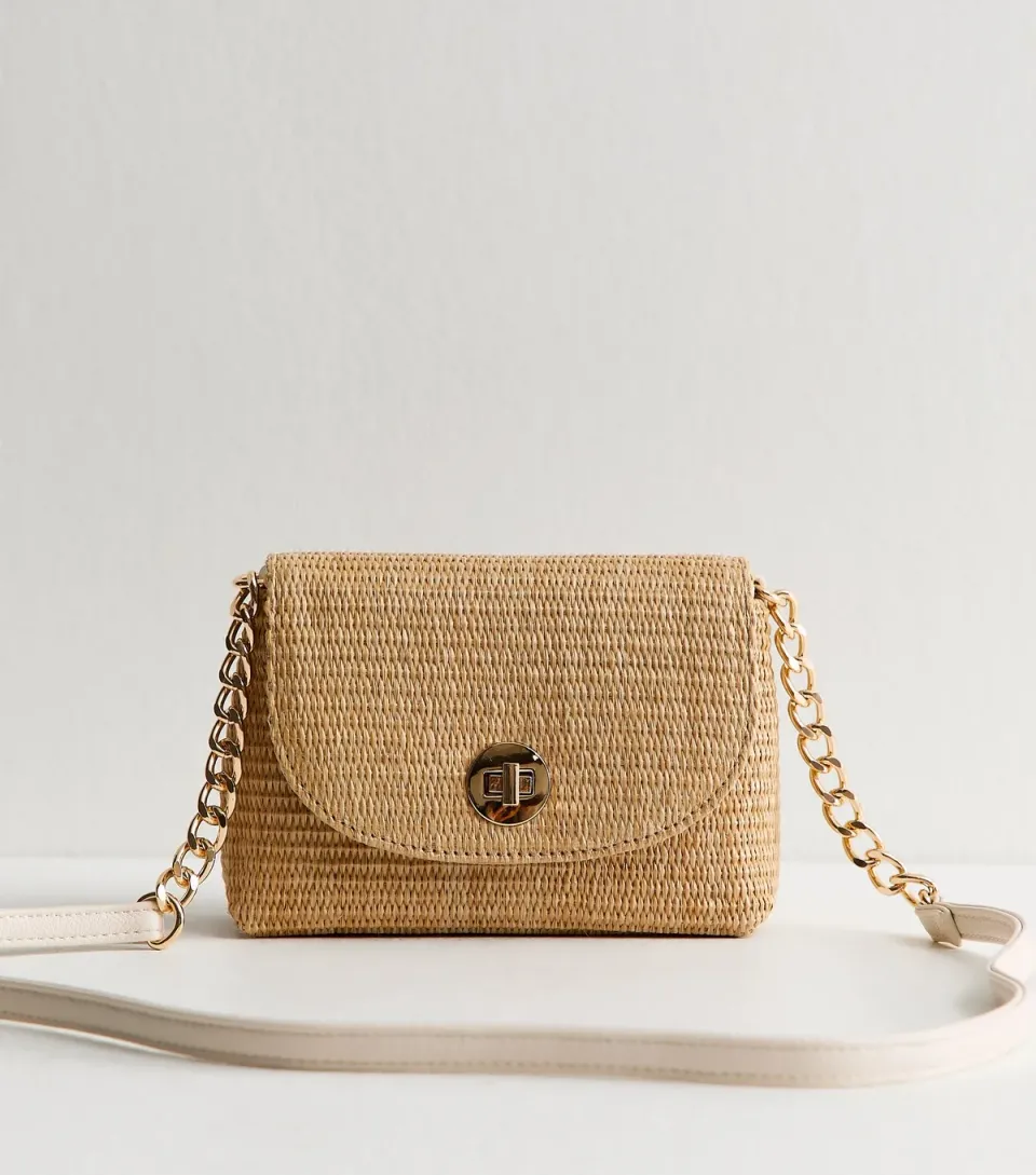 Stone Raffia Look Turn Lock Cross Body Bag