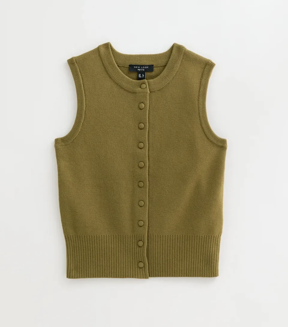 Women's Petite Light Khaki Compact Sleeveless Covered Button Waistcoat