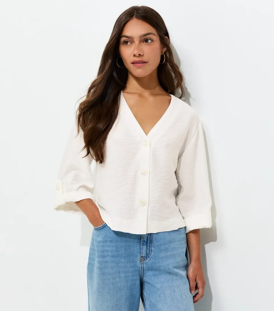 Women's Petite Cream Crinkle Texture Wide Sleeve Cropped Shirt