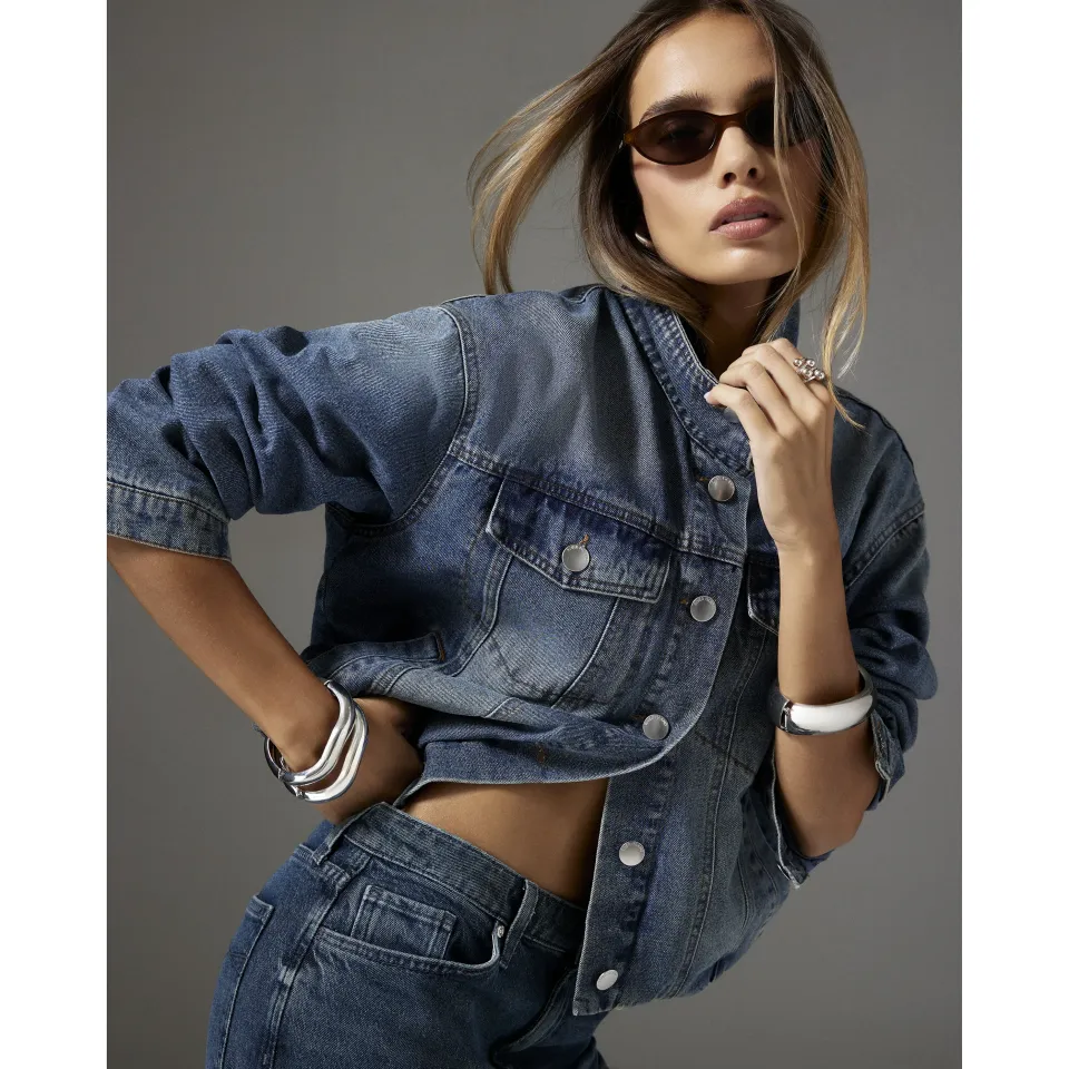 Funnel Neck Denim Bomber Jacket