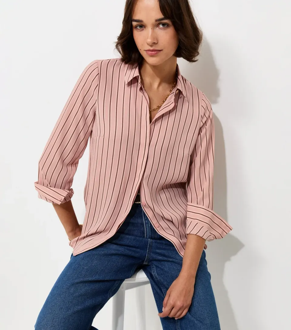 Women's Pink Striped Concealed Button Long Sleeve Shirt