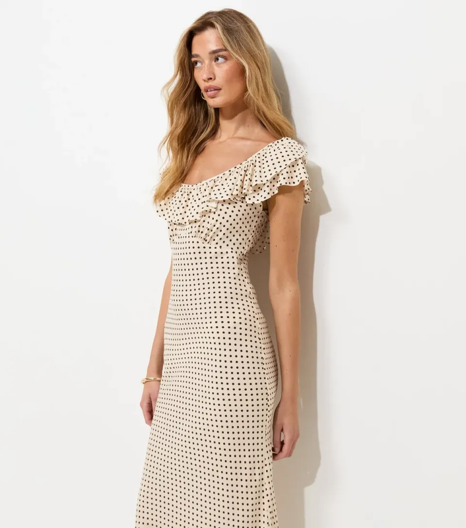 Women's Tall Cream Spot Print Ruffle Neck Midi Dress