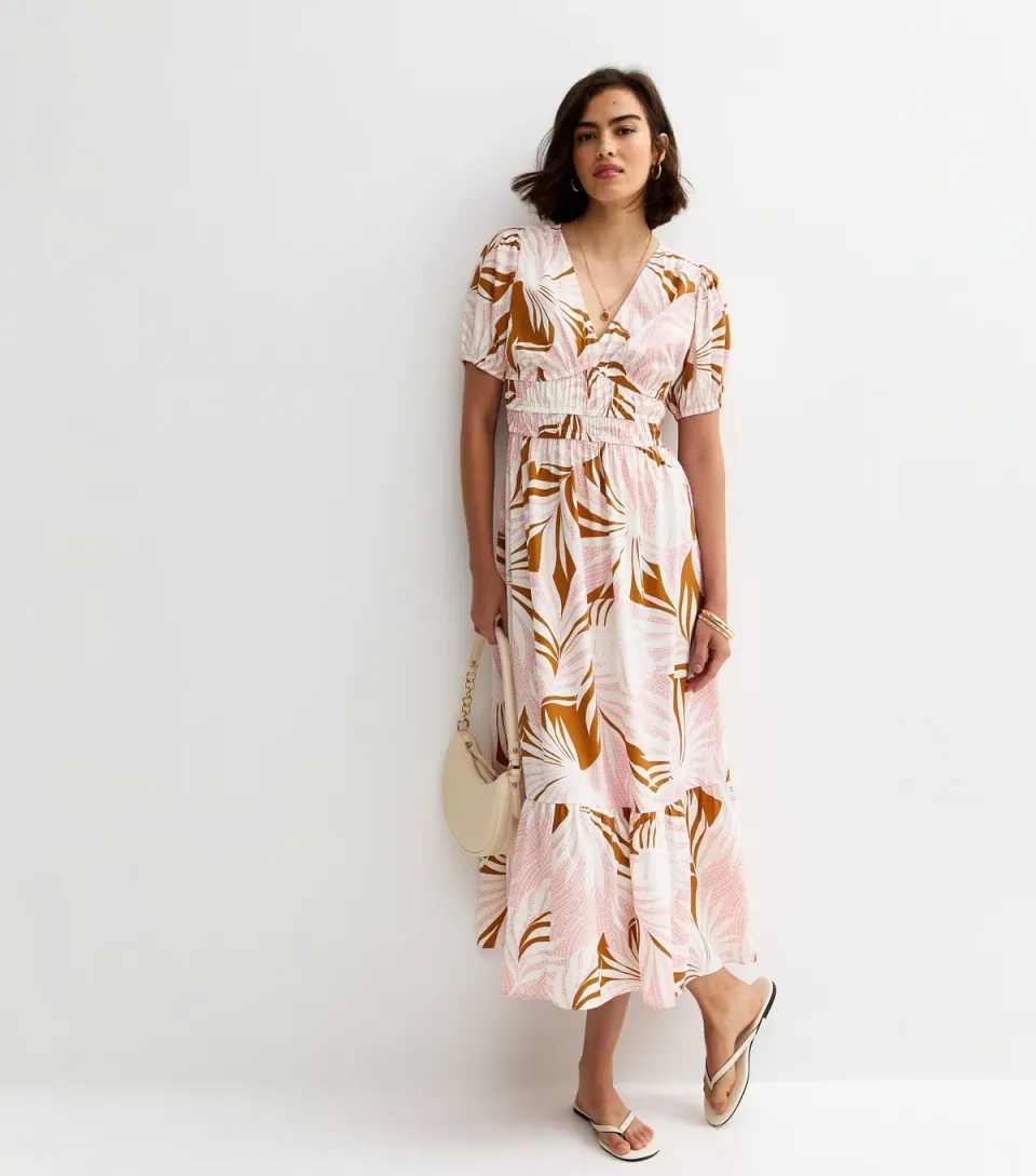 Women's Pink Leaf Print Short Sleeve Midi Dress
