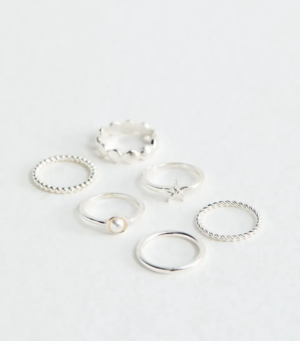 Pack of 6 Silver Tone Pearl and Starfish Sleek Rings