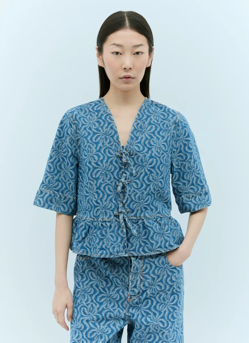 Jacquard Denim Flounce Tie Blouse
