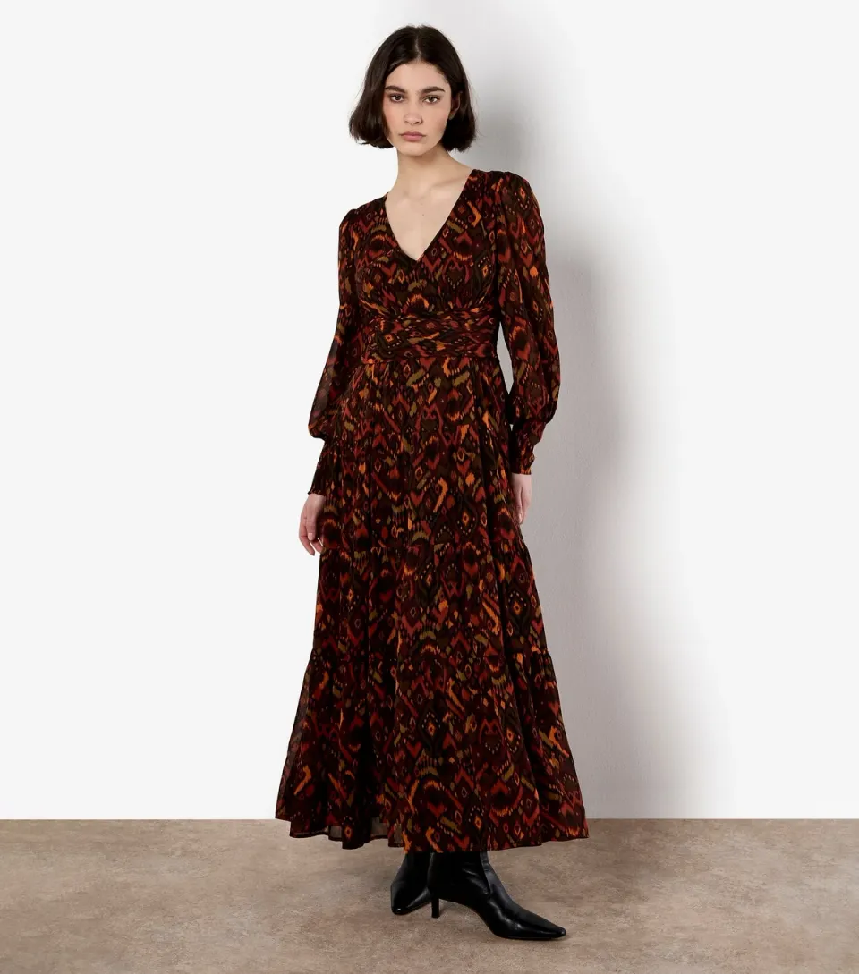 Women's Dark Burgundy Abstract Chiffon Tiered Maxi Dress