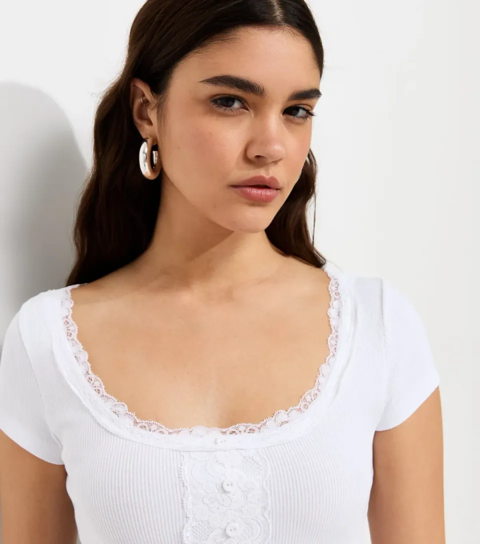 Women's White Cotton-Rich Rib Lace Trim Henley T-Shirt