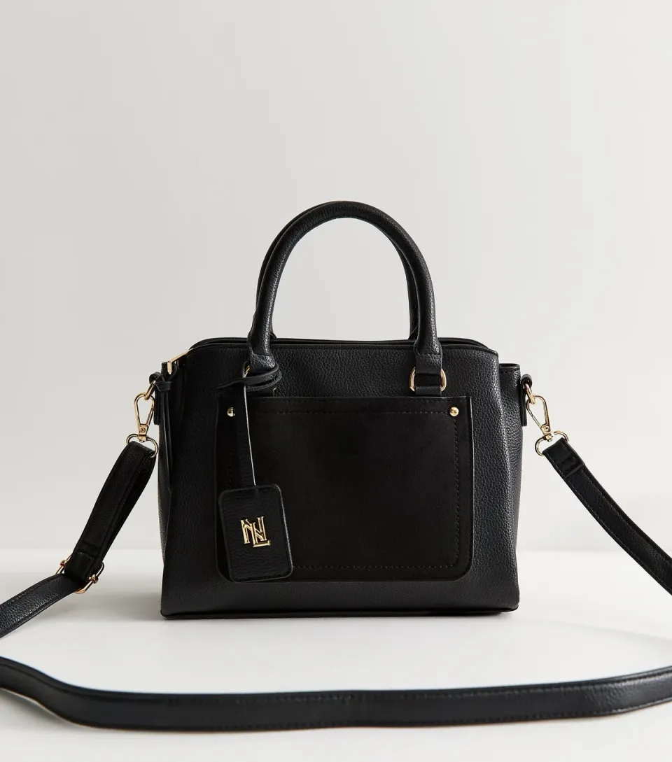 Black Faux Leather Triple Compartment Tote Bag Vegan