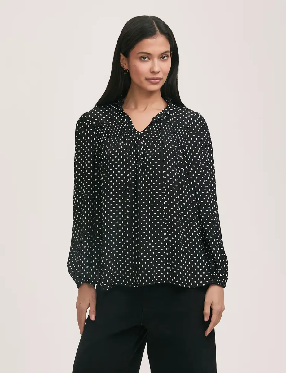 Kiya Crepe Spot Print Tie Neck Blouse