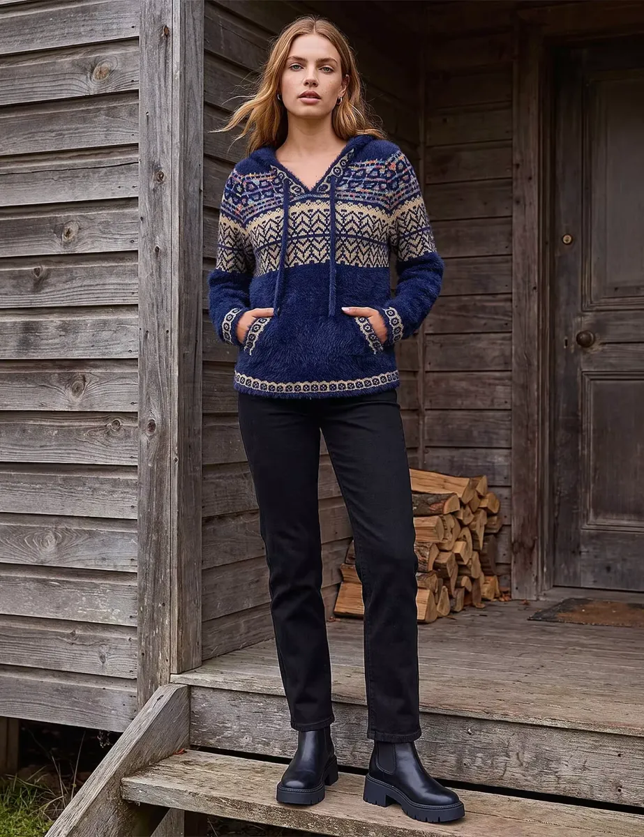 Fluffy Nordic Pattern Hooded Neck Jumper Navy Mix